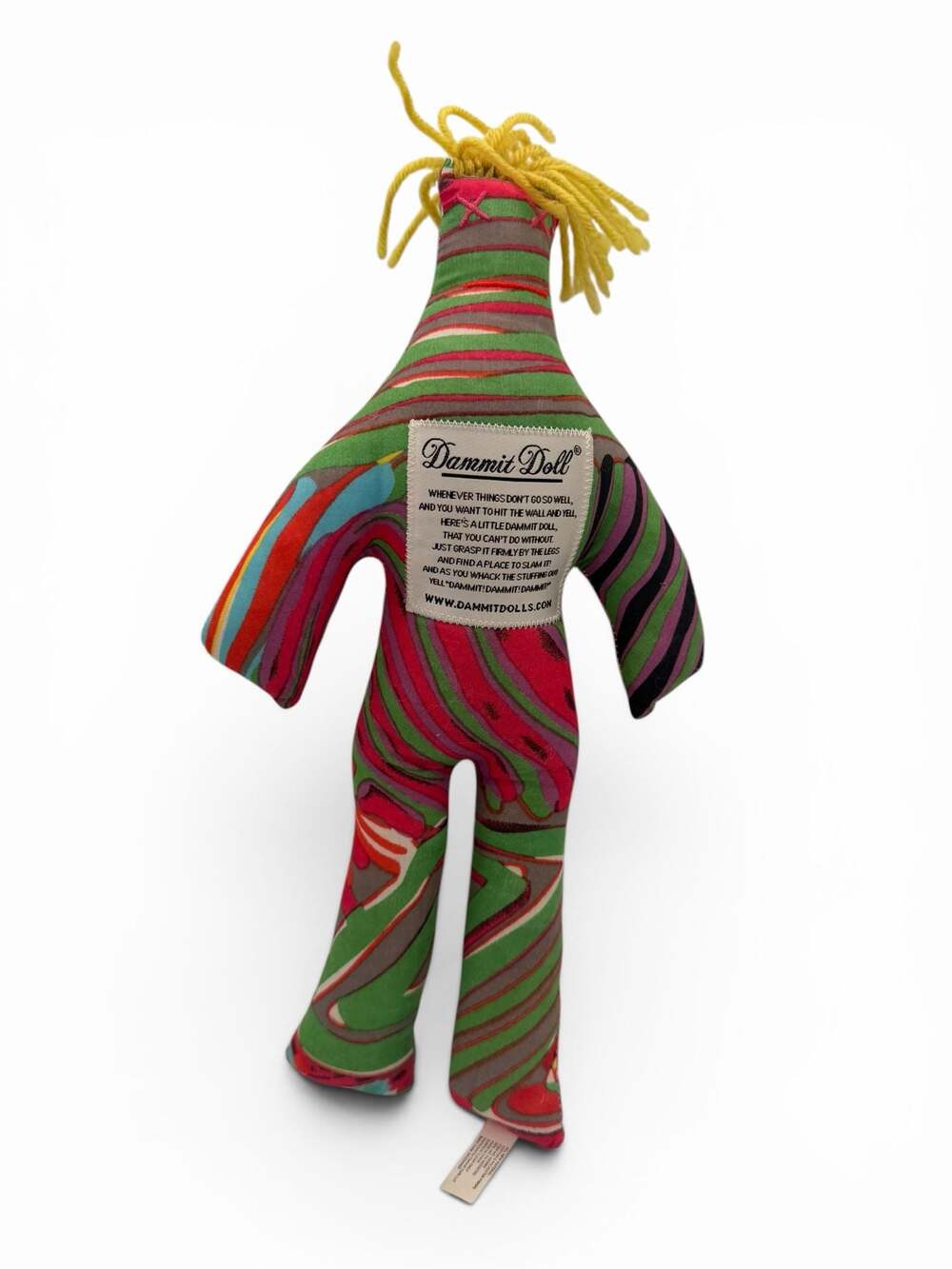 Dammit Doll Stress Reliever Plush with Yellow Yarn Hair and Swirl Pattern